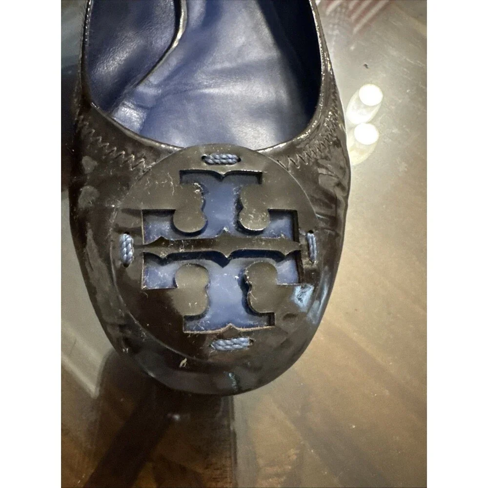 🔥TORY BURCH MINNIE REVA Brown/Blue Patent Leather Logo Ballet Flat Shoe Sz 7.5